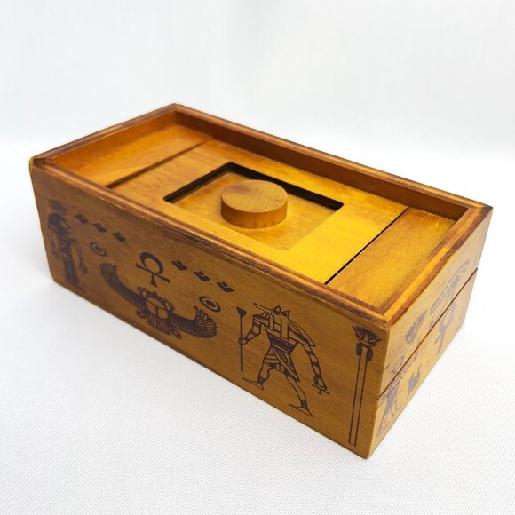 Egyptian Wooden Puzzle Box Scarab Ankh Symbols Secret Sliding Compartment 6"L - Picture 1 of 12